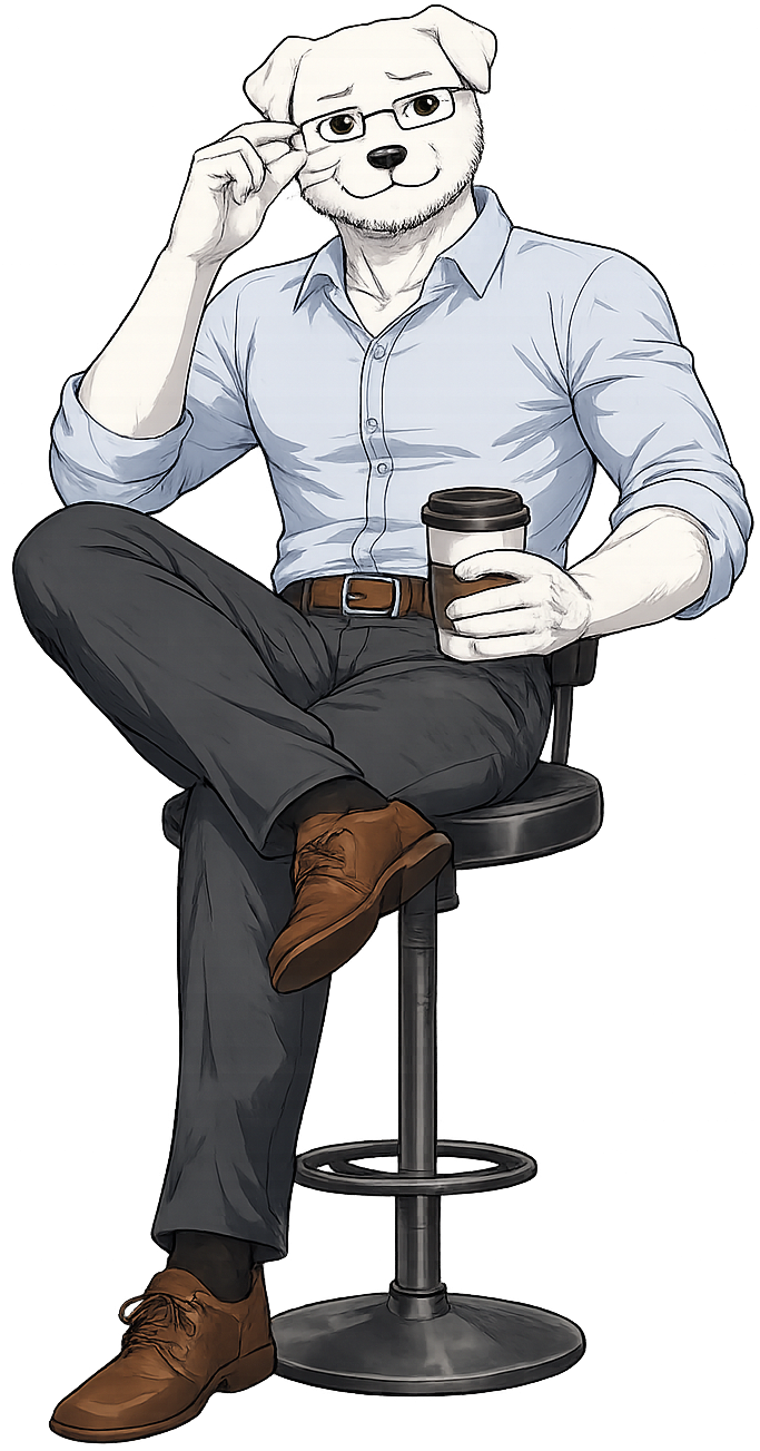 Dogjak, Wojak's loyal dog sitting in a chair with coffee
